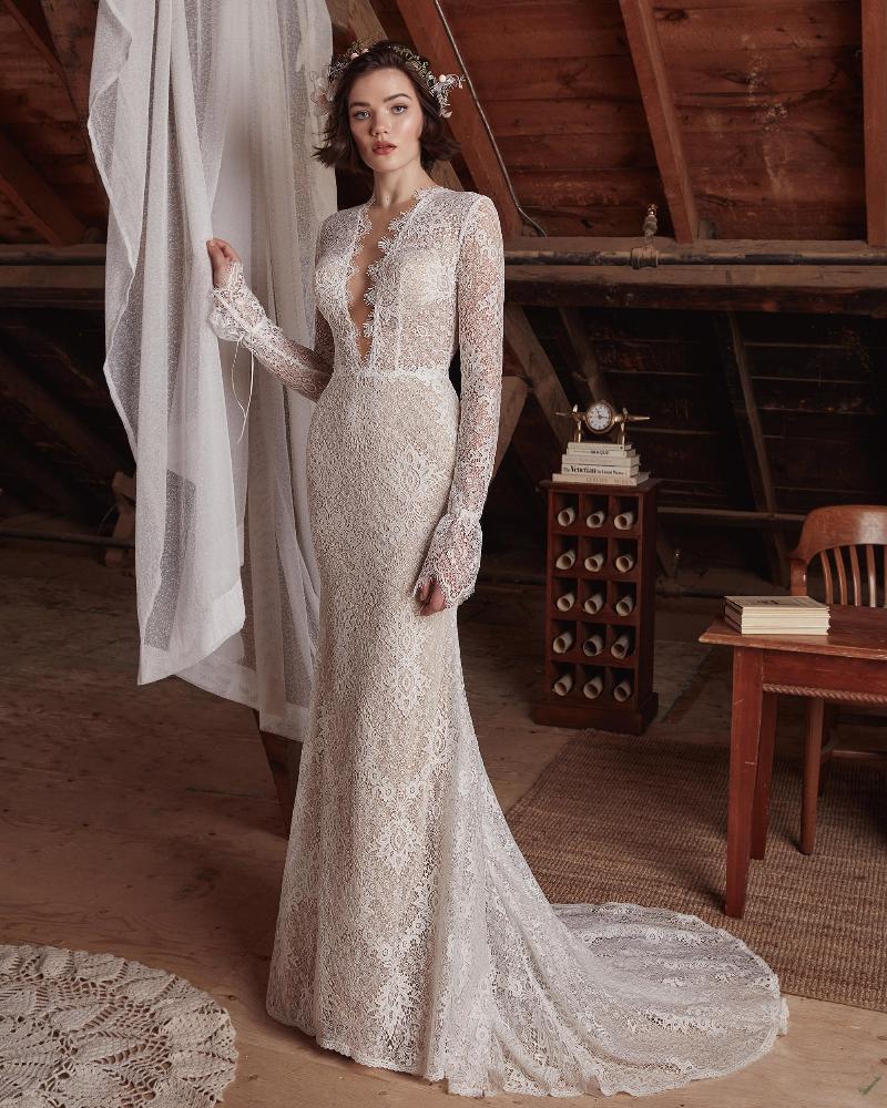 Lp2123 long sleeve lace boho wedding dress with v neck and sheath silhouette1